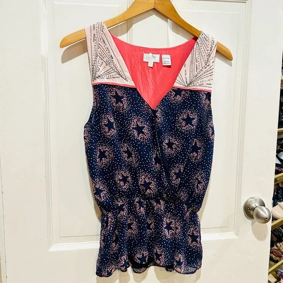 Miss Me Navy Blue & Pink Stars Beaded Peplum Top Feminine Coquette Girl Size M - Picture 1 of 5